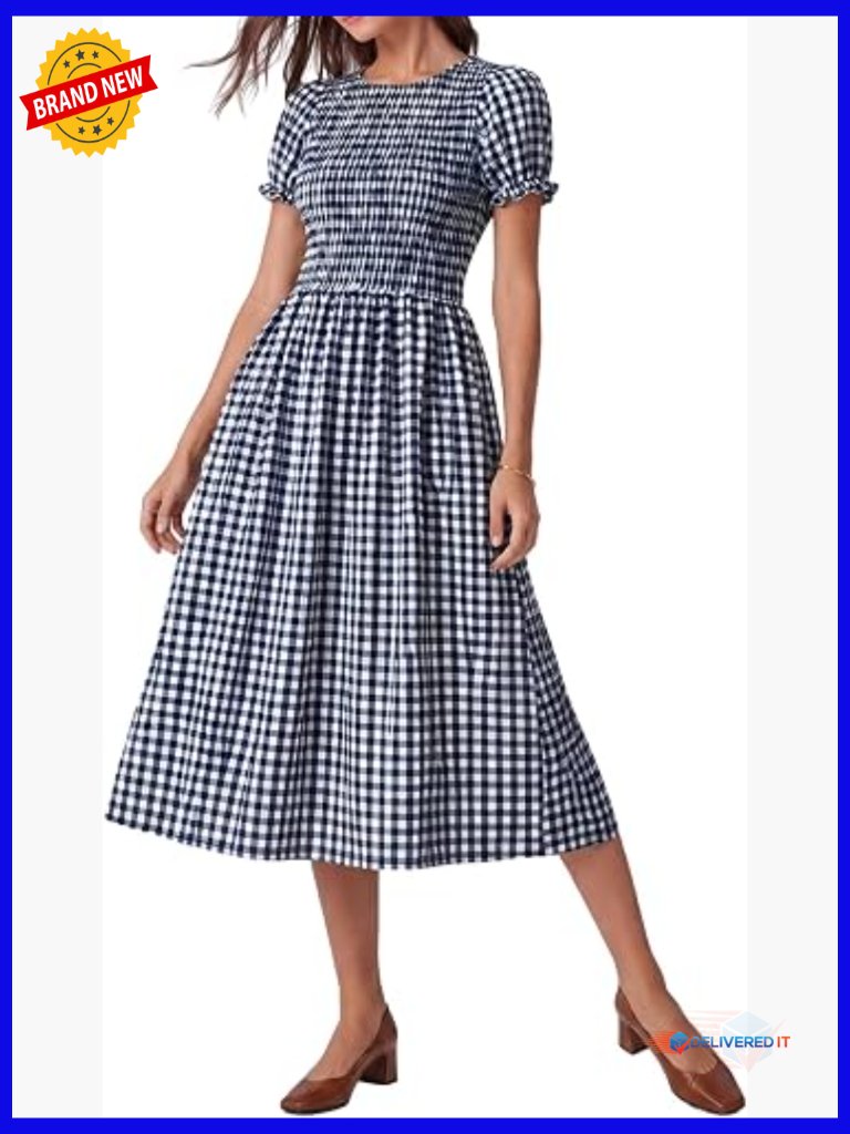 Smocked Gingham Midi Dress With Puff Sleeves